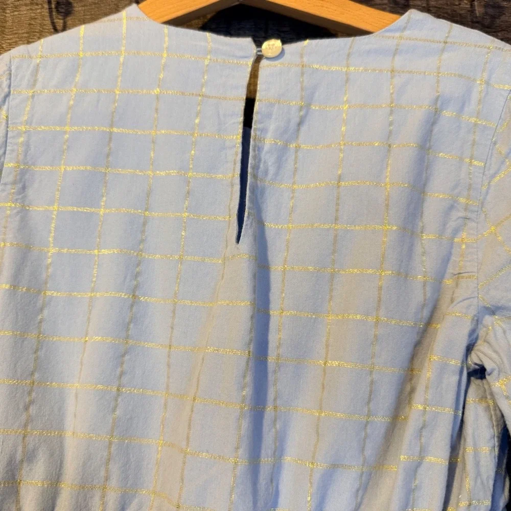Crewcuts Girls Light Blue Gold Metallic Check Dress‎ 8 Preppy Coastal
